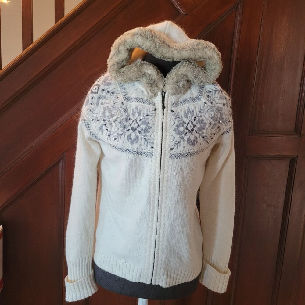 Loft Nordic Style Beige Knit Sweater Faux Fur Hood & Sequin Details M